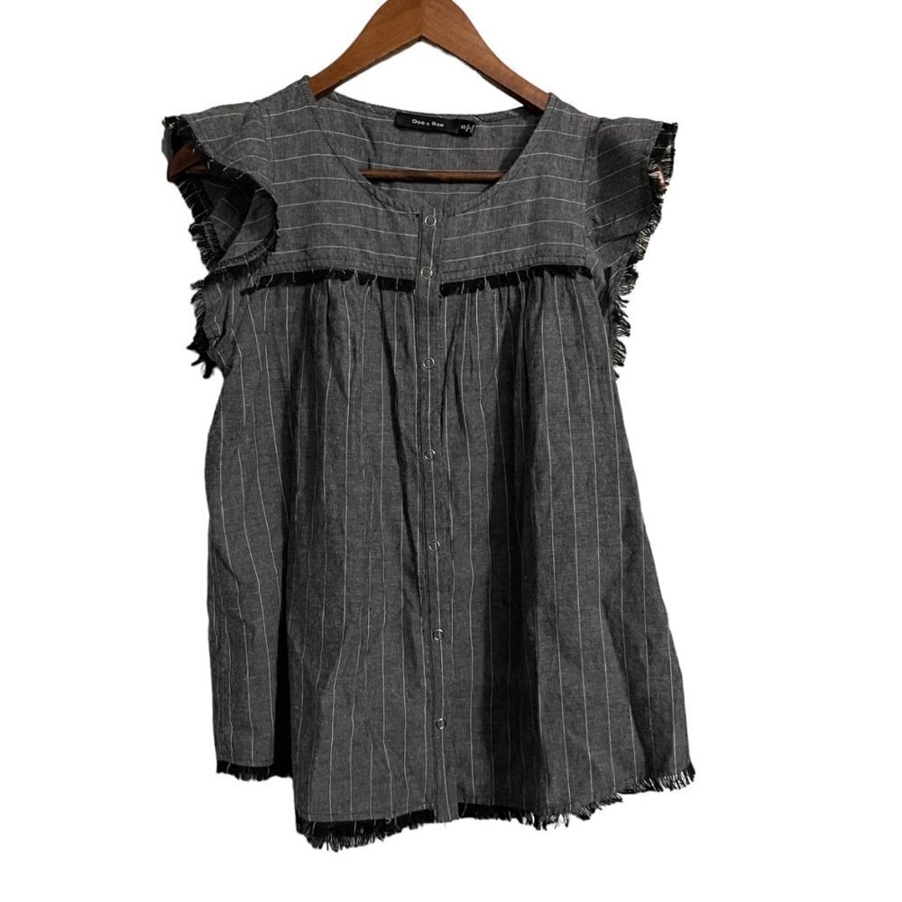 Doe & Rae Womens Gray Linen Cotton Striped Fringe Hem Snap Button Blouse Small